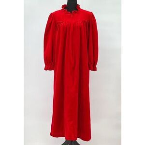 Vintage Red Velour Nightgown Medium Christmas High Neck Ruffled Neck Cottagecore